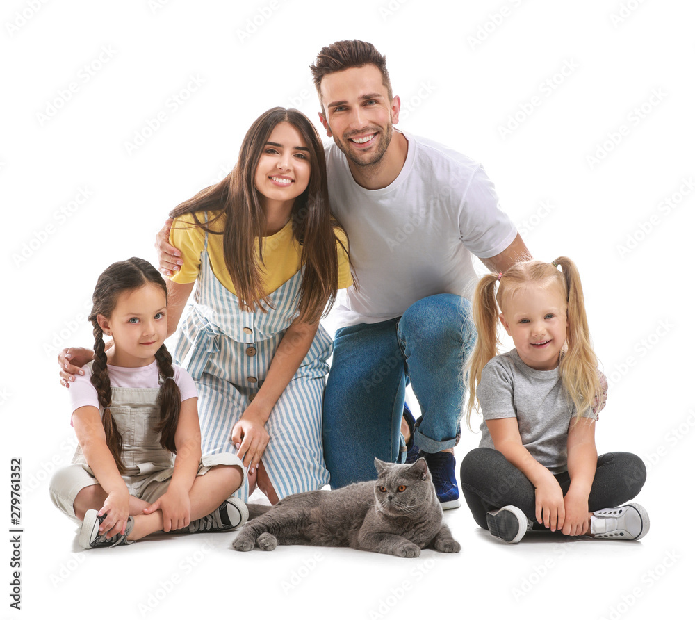 Happy family with cute cat on white background Happy family with cute cat on white background