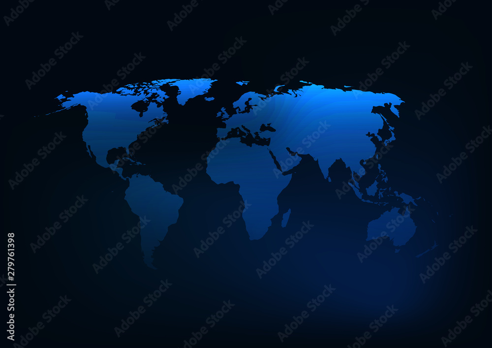 Futuristic glowing dark blue world map silhouette.