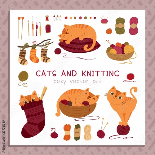 Cats and knitting flat vector illustration set. Adorable kitten sleeping on pillow, playing with yarn ball, hiding in woolen sock cartoon characters. Handicraft tools, pincushions, needles, crochets