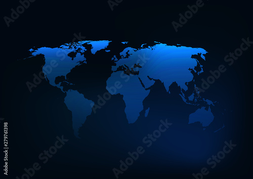 Futuristic glowing dark blue world map silhouette.