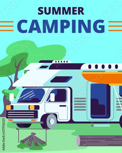 Summer Camping Vertical Banner with Motor Home Car