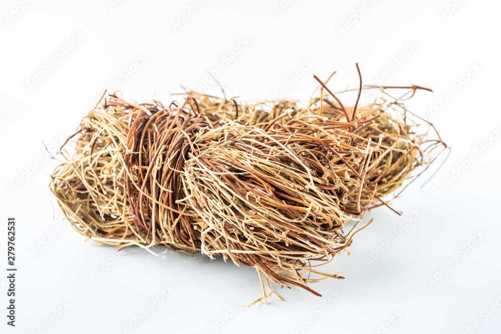 Dried chicken bone grass on white background