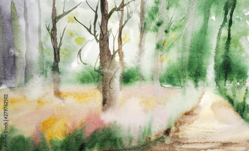 watercolor green forest landscape, nature, wallpaper