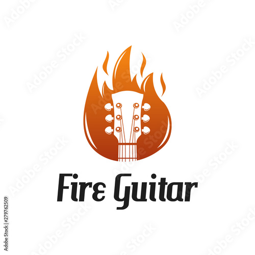 Fire guitar logo, rock music with flame logo