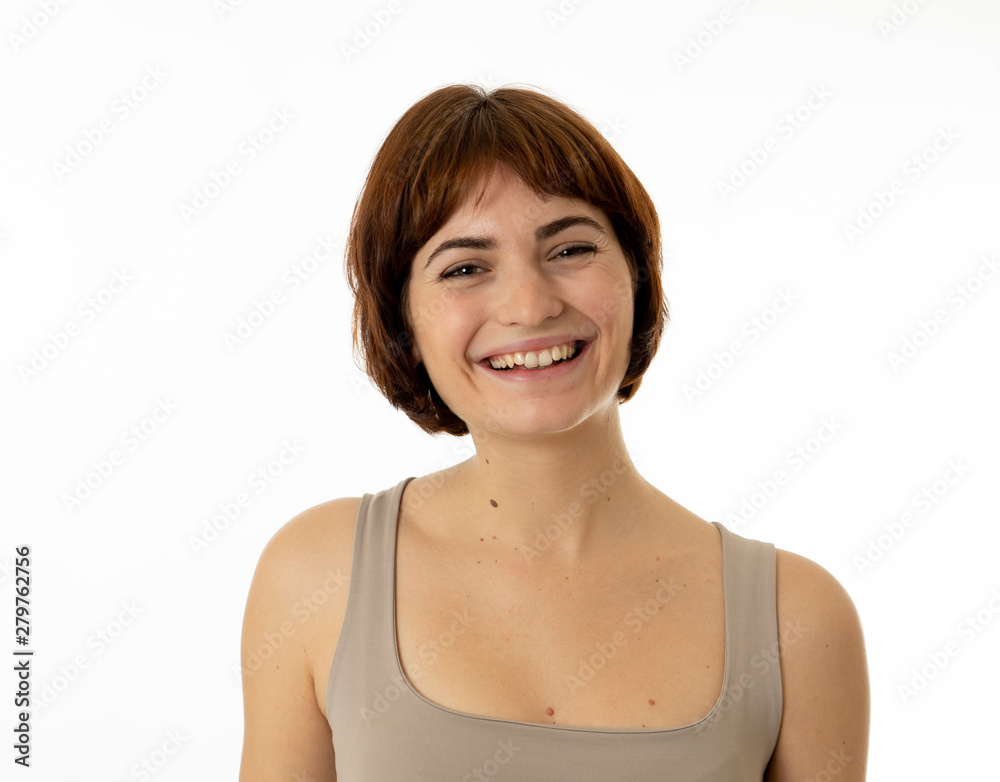 Portrait of young attractive cheerful woman with smiling happy face. Human expressions and emotions Portrait of young attractive cheerful woman with smiling happy face. Human expressions and emotions