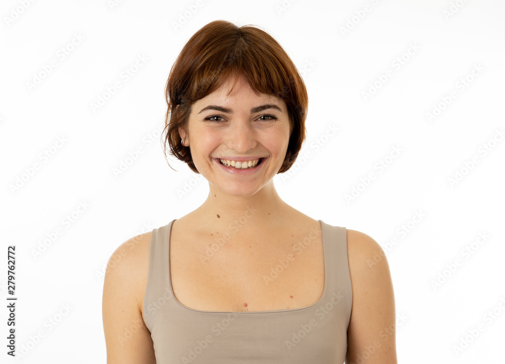 Portrait of young attractive cheerful woman with smiling happy face. Human expressions and emotions Portrait of young attractive cheerful woman with smiling happy face. Human expressions and emotions