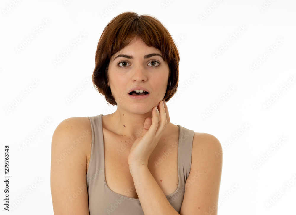 Happy young attractive woman shocked with a surprised funny face. Human expressions and emotions. Happy young attractive woman shocked with a surprised funny face. Human expressions and emotions.