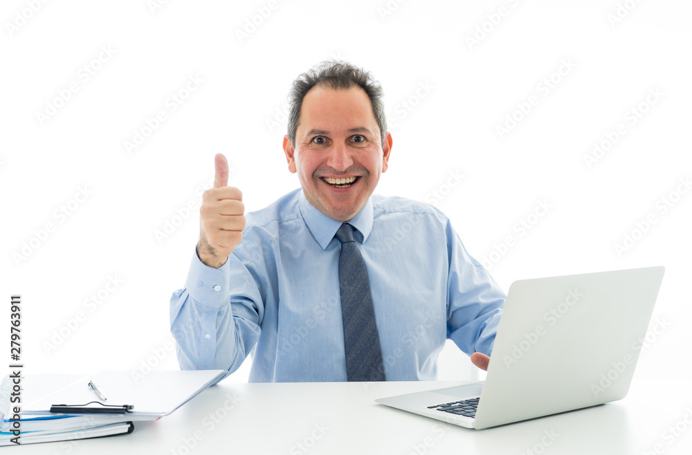 Mature caucasian businessman working on laptop computer at office in happy working and satisfaction Mature caucasian businessman working on laptop computer at office in happy working and satisfaction