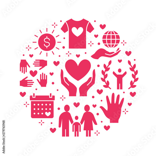 Charity vector circle banner with flat silhouette icons. Donation, nonprofit organization, NGO, giving help illustration. Glyph signs for donating money, volunteer community poster