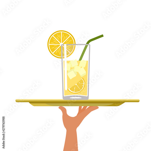 Cocktail with lemon on tray on white background