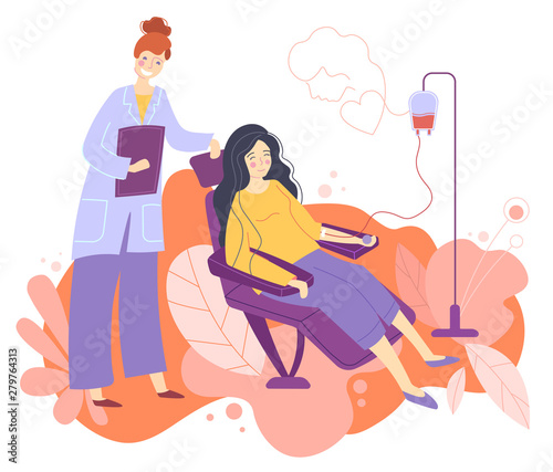Volunteer Female Character Sitting in Medical Hospital Chairs Donating Blood. Doctor Woman Nurse Take it in Test Flasks, Donation, World Blood Donor Day, Health Care. Cartoon Flat Vector Illustration