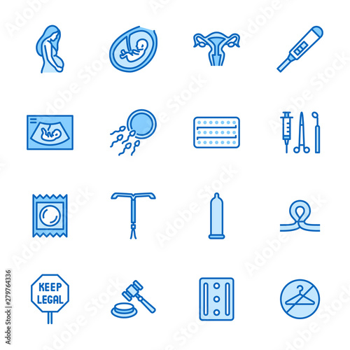 Obstetrics clinic flat line icons set. Abortion protest, baby ultrasound, embryo, fetus, pregnant woman, contraception vector illustrations. Outline medical signs. Pixel perfect 64x64 Editable Stroke