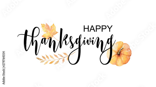Happy thanksgiving text with vector watercolor autumn leaves and branches isolated on white background.