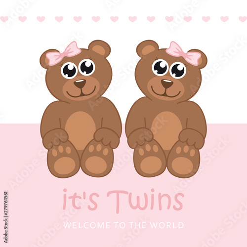 its twins girl welcome greeting card for childbirth with teddy bear vector illustration EPS10