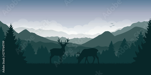 two wildlife reindeers on green mountain and forest landscape vector illustration EPS10