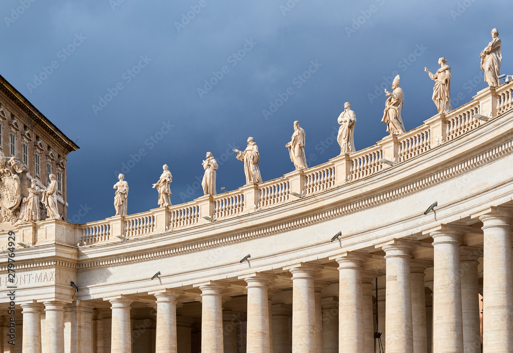 Saint Peter's Square details, columns and sculptures in Vatican
