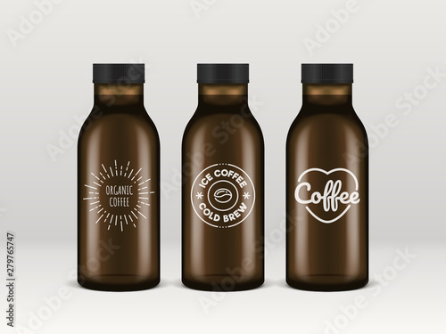 Cold brew coffee bottles. Realistic transparent glass bottles of ice coffee with vintage brand logos.