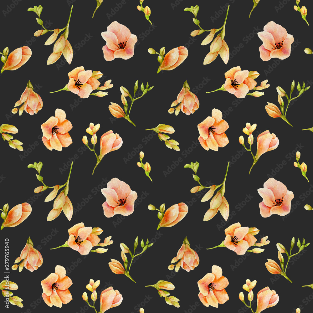 Watercolor peach freesia flowers seamless pattern, hand drawn on a dark background