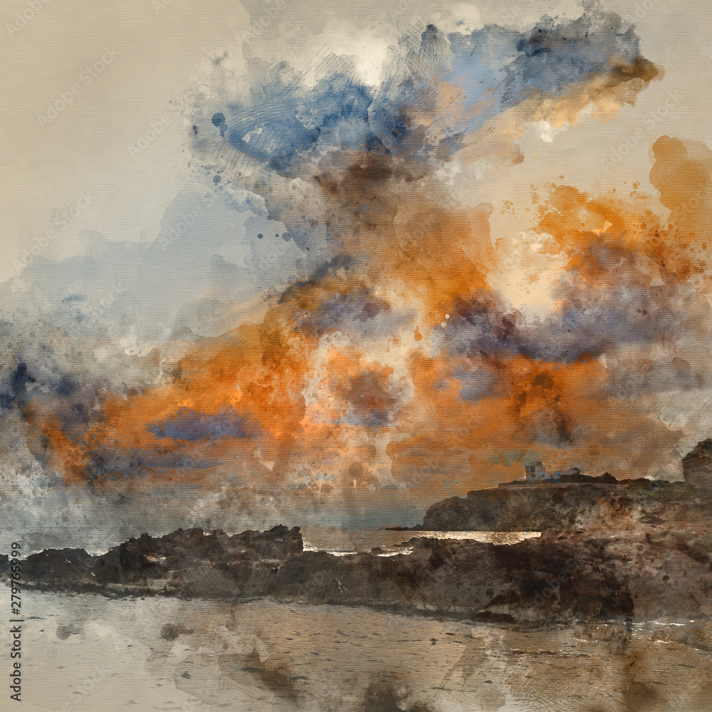 Digital watercolour painting of Stunning landscapedawn sunrise with rocky coastline and Mediterranean Sea