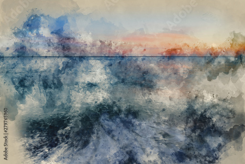 Digital watercolour painting of Stunning long exposure seascape image of calm ocean at sunset