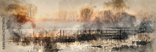 Cyfrowy obraz akwarelowy przedstawiający panoramę krajobrazu jeziora we mgle z blaskiem słońca o wschodzie słońca