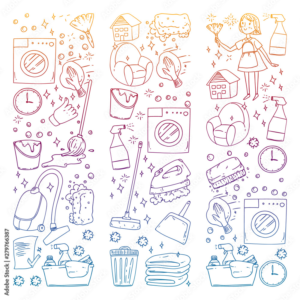 Cleaning services company vector pattern. Drawing on notebook in colorful gradient style. Cleaning services company vector pattern. Drawing on notebook in colorful gradient style.
