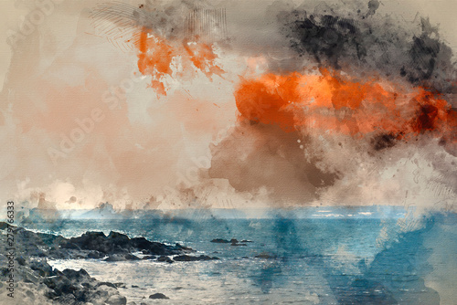 Digital watercolor painting of St Michael's Mount Bay Marazion sunrise Cornwall England photo