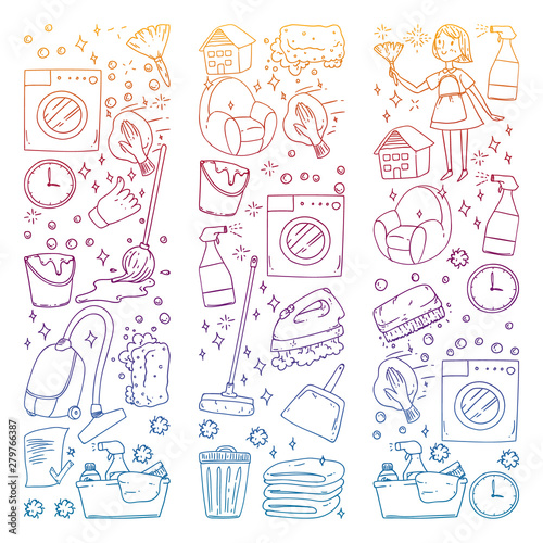 Cleaning services company vector pattern. Drawing on notebook in colorful gradient style.