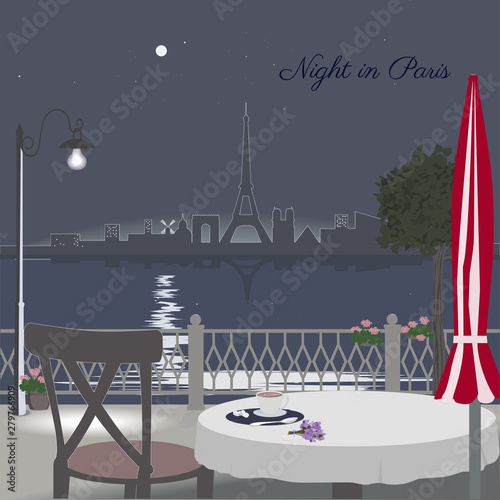 View of Paris cityscape from street cafe. Night scene. Vector illustration.