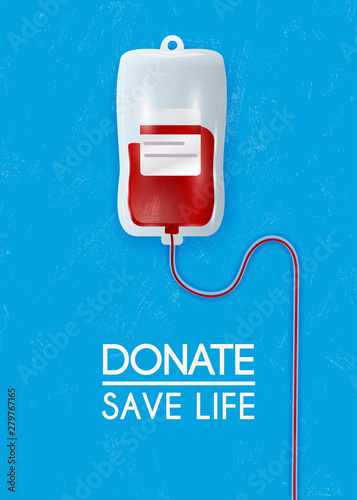 Donate blood bag on blue background. Vector 3d illustration.