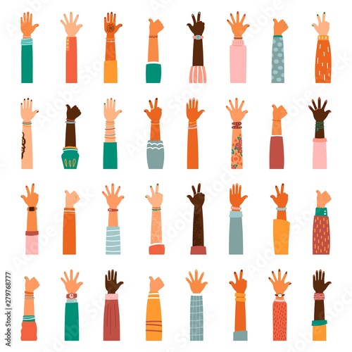 Set of different races raised up hands. The concept of education, business training, volunteering charity, party.
