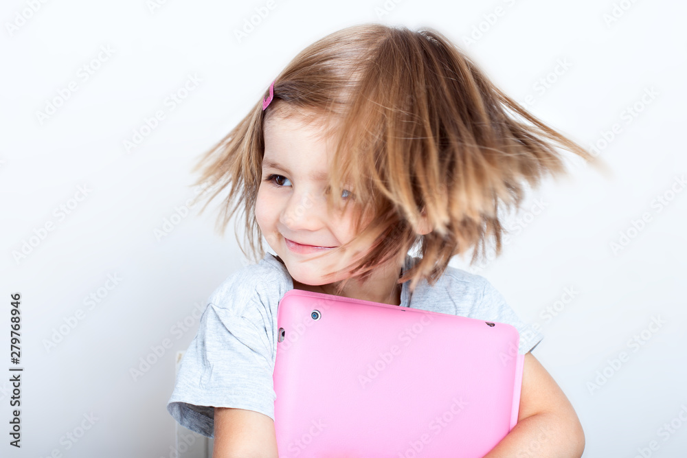 little girl with tablet and diary ready to school little girl with tablet and diary ready to school