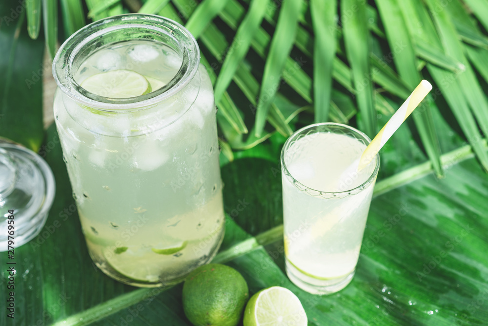 Cold fresh lemonade drink with lime slice and ice cubes in a jar on a tropical background Cold fresh lemonade drink with lime slice and ice cubes in a jar on a tropical background