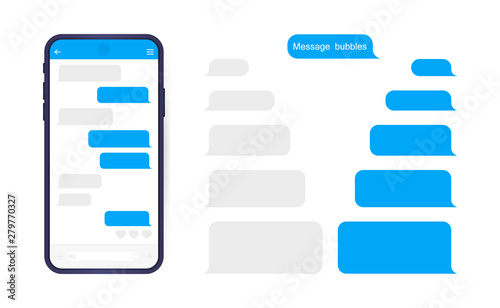 Smart Phone with messenger chat screen. Sms template bubbles for compose dialogues. Modern vector illustration flat style