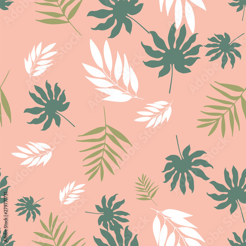 Vector pastel tropical leaves seamless pattern repeat.