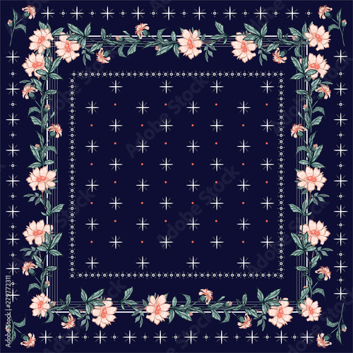 Colorful  shawl, scarf print. Blooming garden florals background with line and geometric bandana style seamless pattern in vector .Design for fashion,fabric ,web ,wallpaper, and all prints