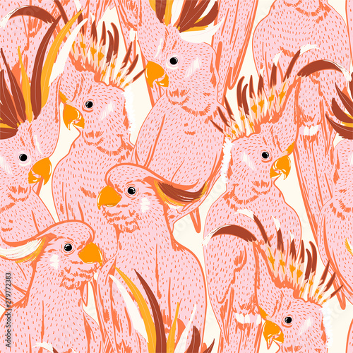 Cute Hand drawing doodle white  sketch pink cockatoo birds seamless pattern.  Vector art illustration.Design for fashion ,fabric,web,wallpaper and all prints