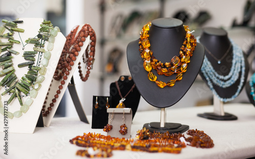 Womens jewelry from amber in a jewelry store