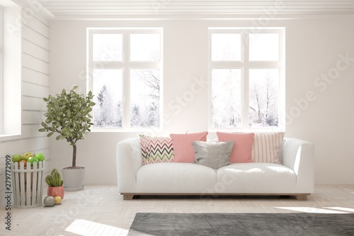 Stylish room in white color with sofa and winter landscape in window. Scandinavian interior design. 3D illustration