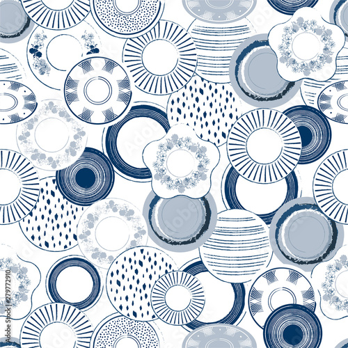 Decorative seamless pattern background with ceramic porcelain in classic monotone white and blue ,Design for fashion , fabric, web,wallpaper ,web and all prints