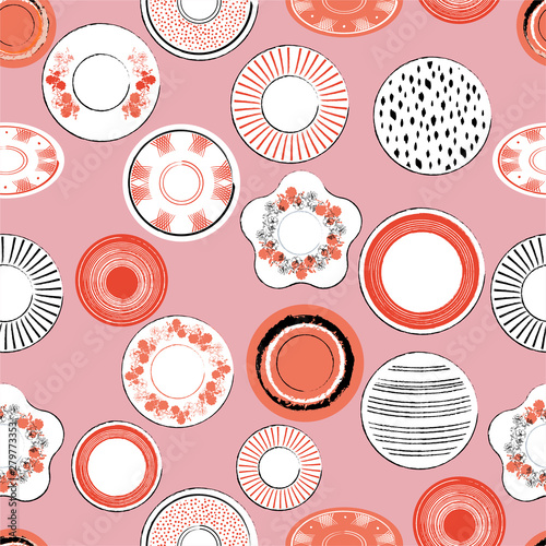 Graphic hand drawn brush white and orange porcelain dishes seamless pattern vector illustration. Design for fashion, fabric ,web,wallpaper, and all prints