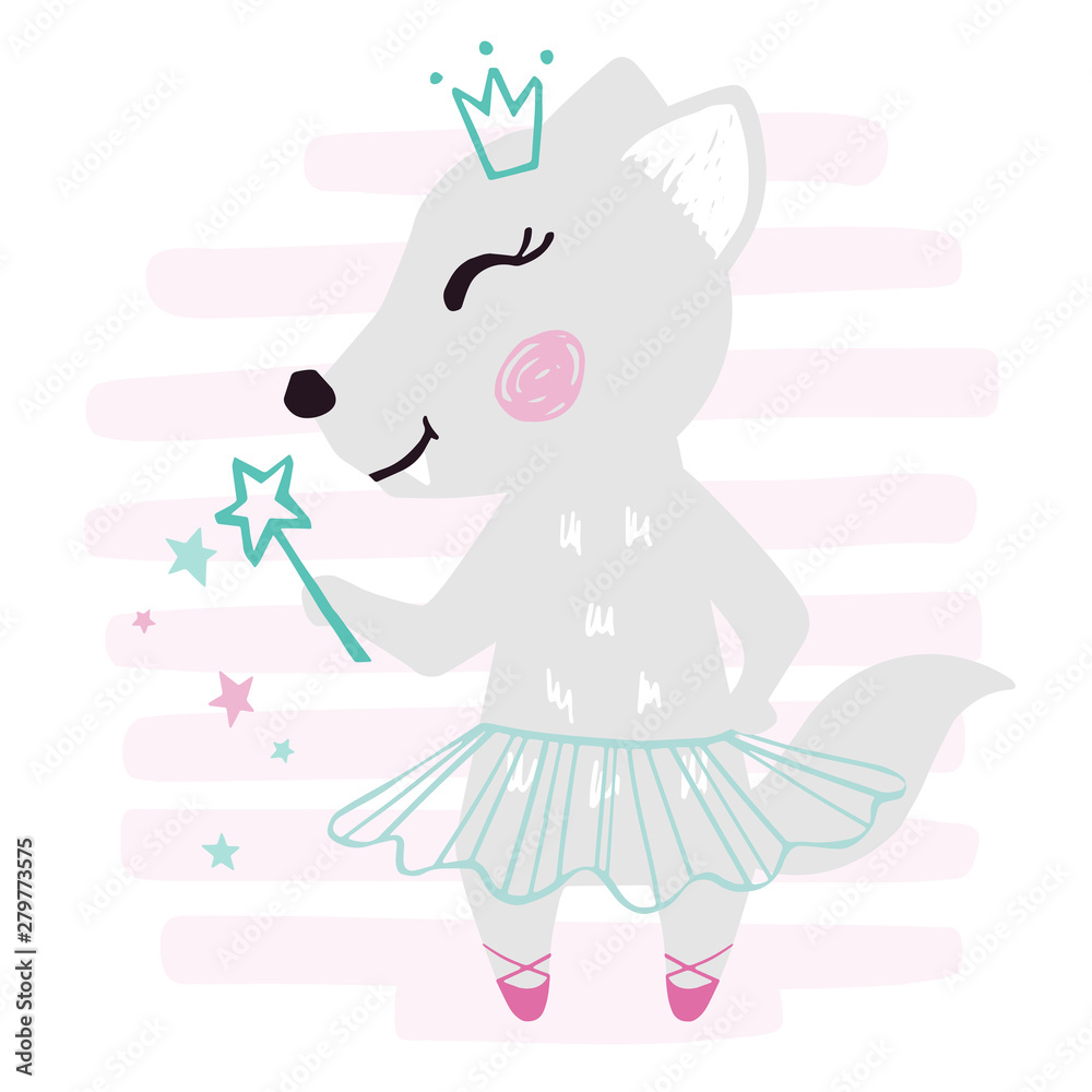 Wolf baby girl cute print. Sweet she-wolf with magic wand, ballet tutu, pointe on striped background