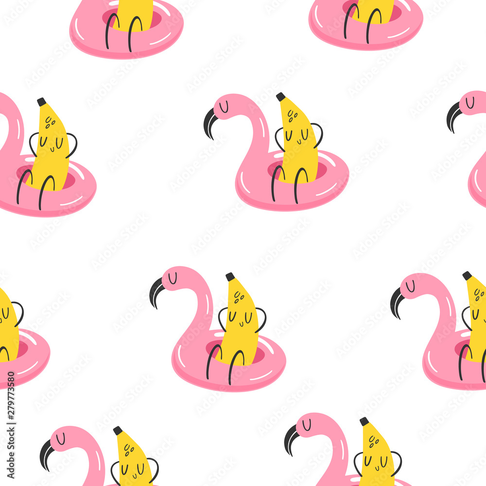 Banana in the swimming circle on vacation. Juicy, vector seamless pattern. Emoji. Banana in the swimming circle on vacation. Juicy, vector seamless pattern. Emoji.