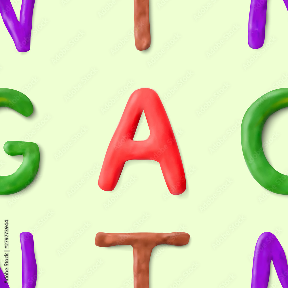 Seamless pattern with alphabet. Handmade modeling clay letters. Realistic 3d vector lettering background.