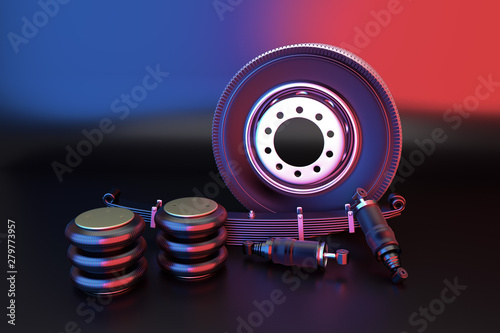 Many new auto parts for commercial transport truck. Spare parts for suspension truck. Truck parts air spring, tire and shock absorber. 3d rendering