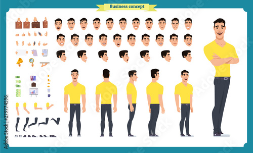 Hipster creation kit. Set of flat male cartoon character body parts, skin types, facial gestures, hairstyles, trendy clothing, stylish accessories isolated on white background. Vector illustration.