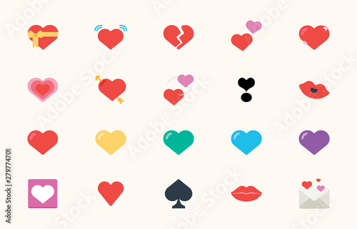 Heart Love Flat Vector Icons. Different Heart Shapes, Emojis Illustration Symbols Set, Collection - Vector