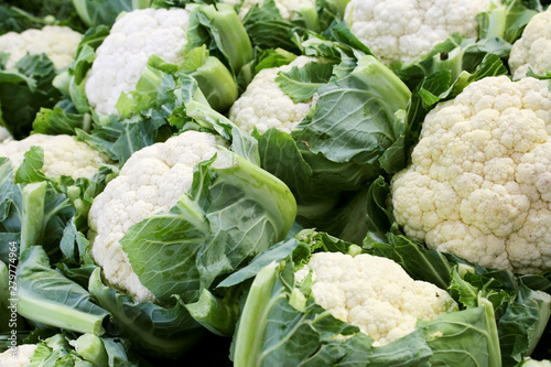 Close up of fresh raw cauliflower bunches at a food market