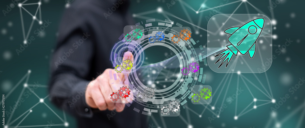 Naklejka premium Man touching a teamwork success concept