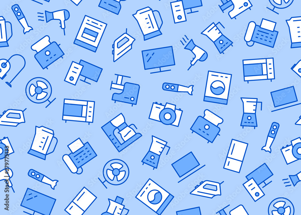 Household Appliances, Electronics Store Seamless Pattern with Line Icon. Vector Illustration Flat style. Included Icons as Stove, Iron, Vacuum Cleaner, Washer, Computer. Blue White Color Background